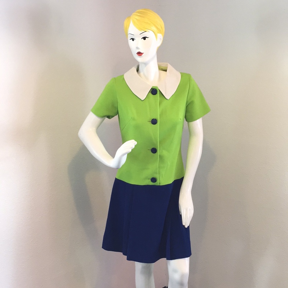 Vintage Blue Green Day Dress Peter Pan Collar